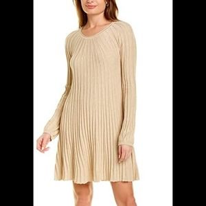 MAX STUDIO A-LINE SWEATERDRESS PLEATED BEIGE TONE LONG SLEEVE WOMEN'S SIZE LARGE